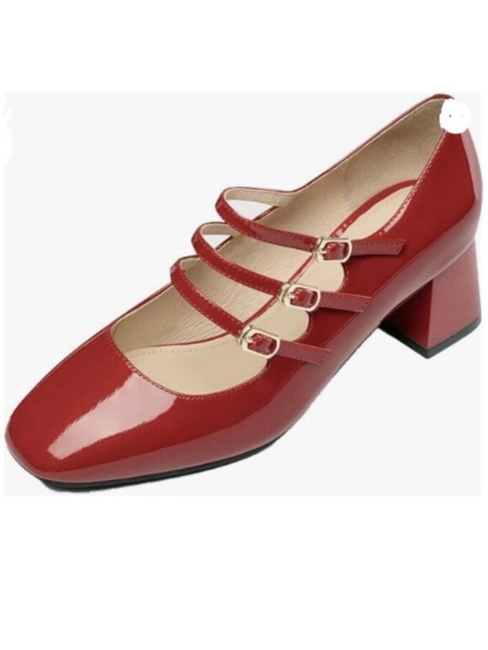 YDN Women Square Toe Mary Jane Pumps Slip On Block Mid Heels Triple Straps Red